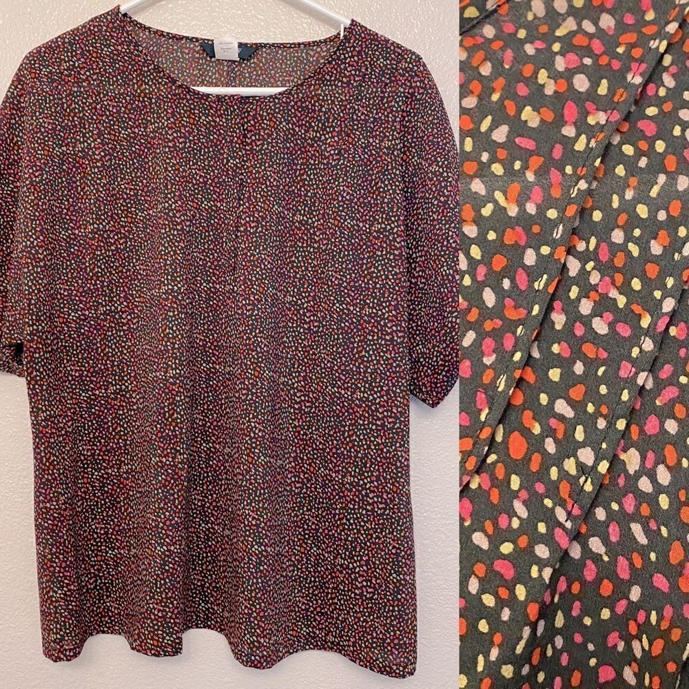 J crew Lightweight colorful black micro print semi sheer short sleeve blouse -M